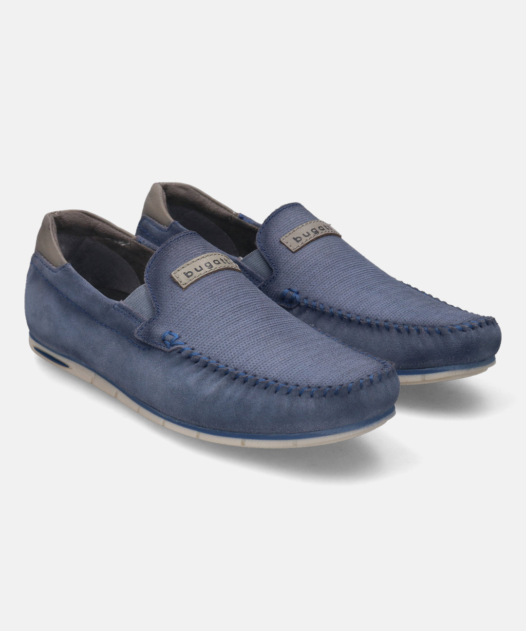 A blue Men's bugatti Casual Loafers featuring a round plain toe, zero heels heel. Made from suede leather with a durable tr outsole, this slip-on design offers both style and comfort.