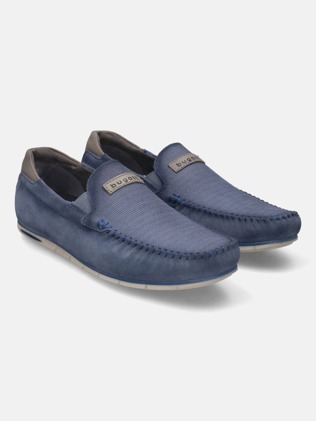 A blue Men's bugatti Casual Loafers featuring a round plain toe, zero heels heel. Made from suede leather with a durable tr outsole, this slip-on design offers both style and comfort.