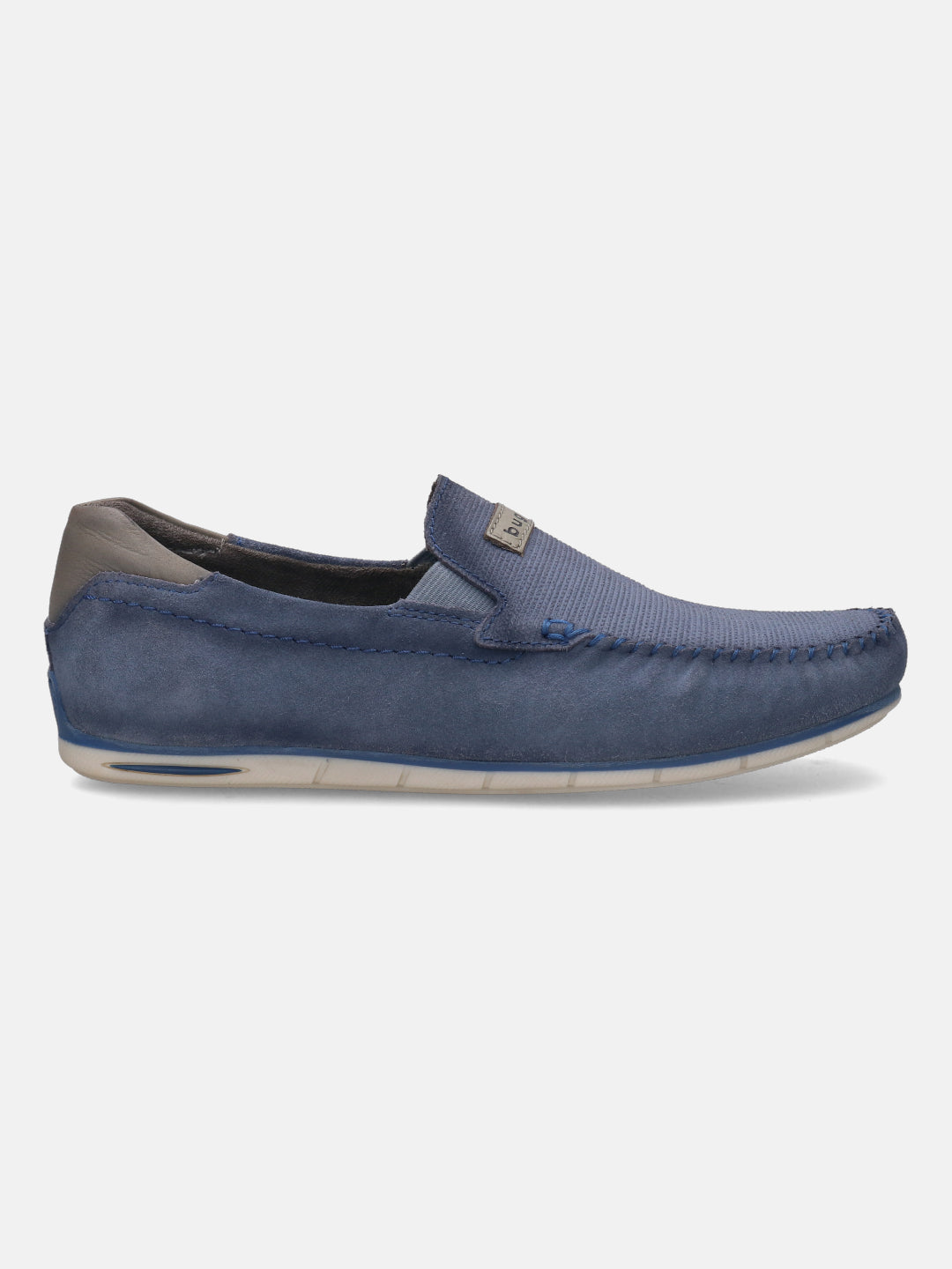 A blue Men's bugatti Casual Loafers featuring a round plain toe, zero heels heel. Made from suede leather with a durable tr outsole, this slip-on design offers both style and comfort.
