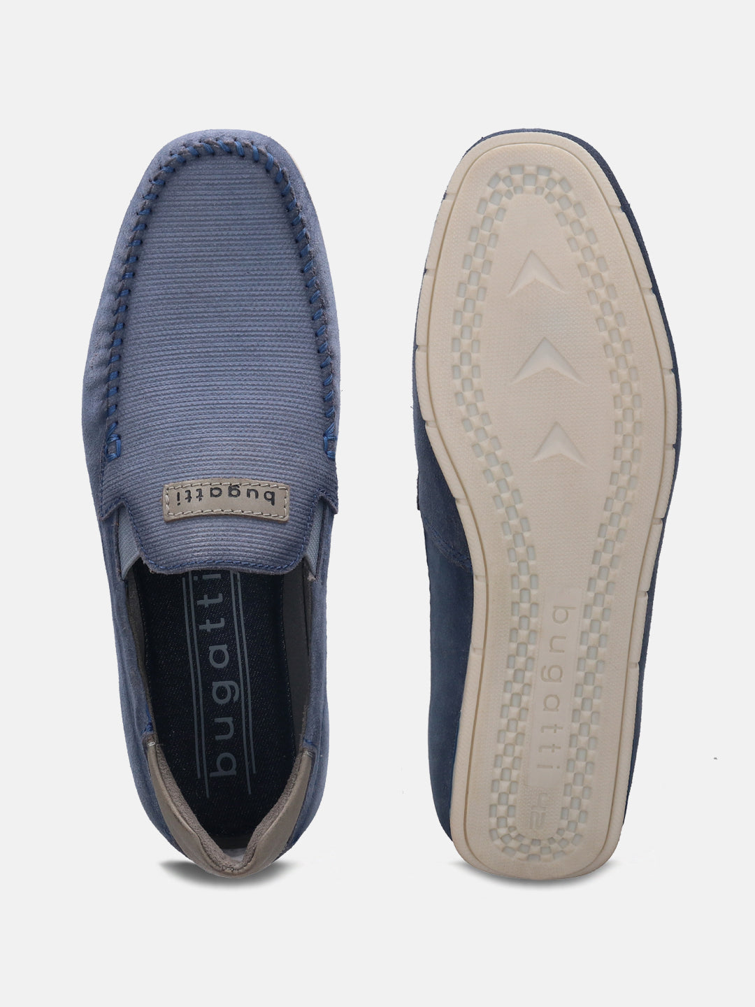 A blue Men's bugatti Casual Loafers featuring a round plain toe, zero heels heel. Made from suede leather with a durable tr outsole, this slip-on design offers both style and comfort.