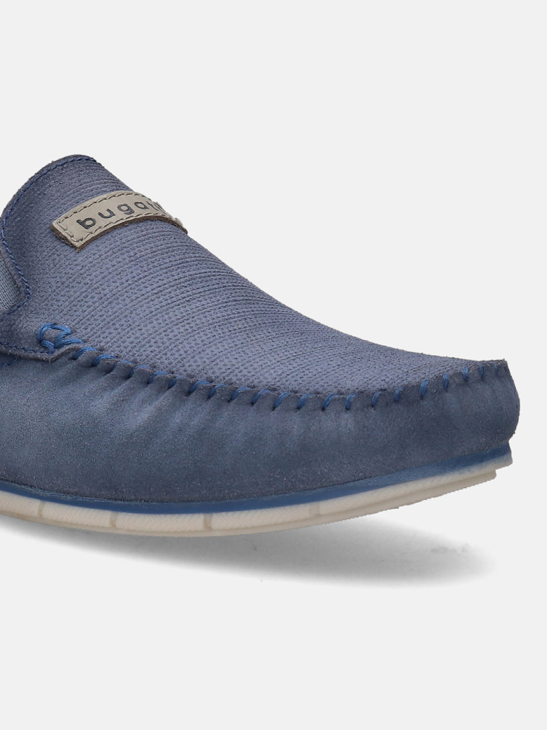 A blue Men's bugatti Casual Loafers featuring a round plain toe, zero heels heel. Made from suede leather with a durable tr outsole, this slip-on design offers both style and comfort.