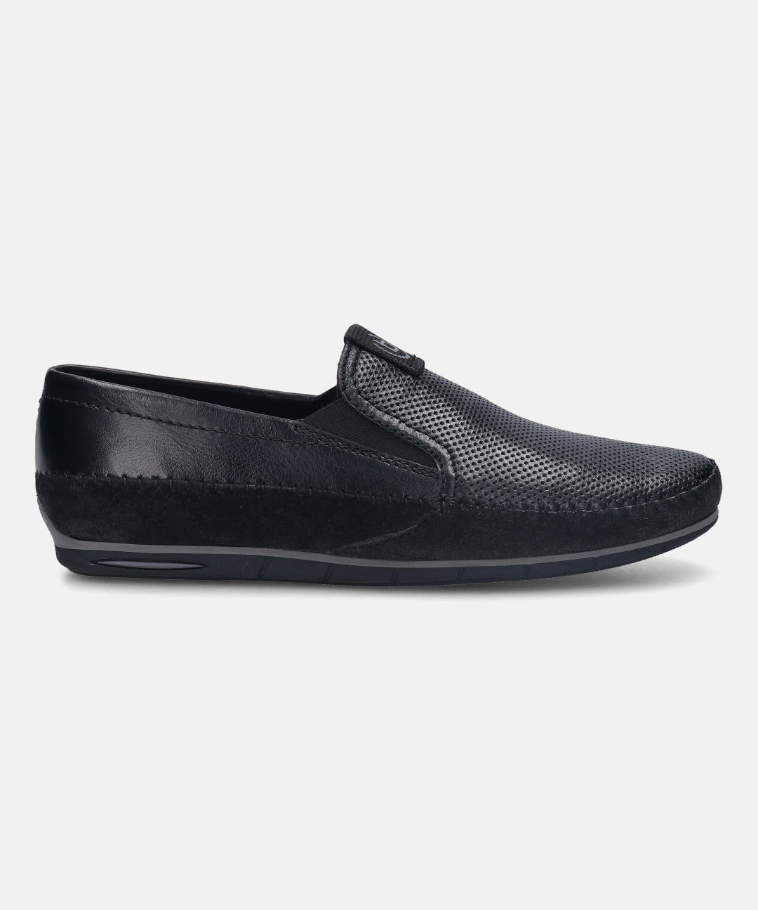 Black leather slip-on shoe by Bugatti, featuring a perforated upper and tonal stitching detail.