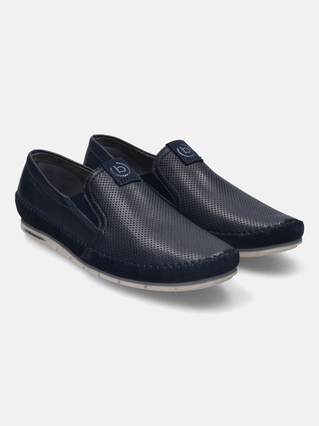 A blue Men's bugatti Casual Loafers featuring a round plain toe, zero heels heel. Made from premium genuine leather with a durable tr outsole, this slip-on design offers both style and comfort.