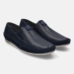 A blue Men's bugatti Casual Loafers featuring a round plain toe, zero heels heel. Made from premium genuine leather with a durable tr outsole, this slip-on design offers both style and comfort.