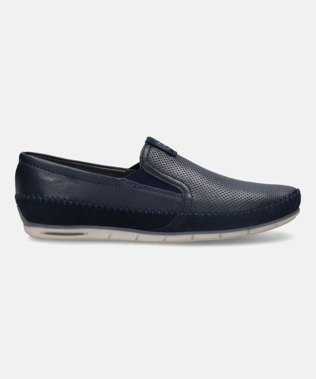 Dark blue leather slip-on shoe by bugatti, with perforated upper and a light-colored sole, in a side view.