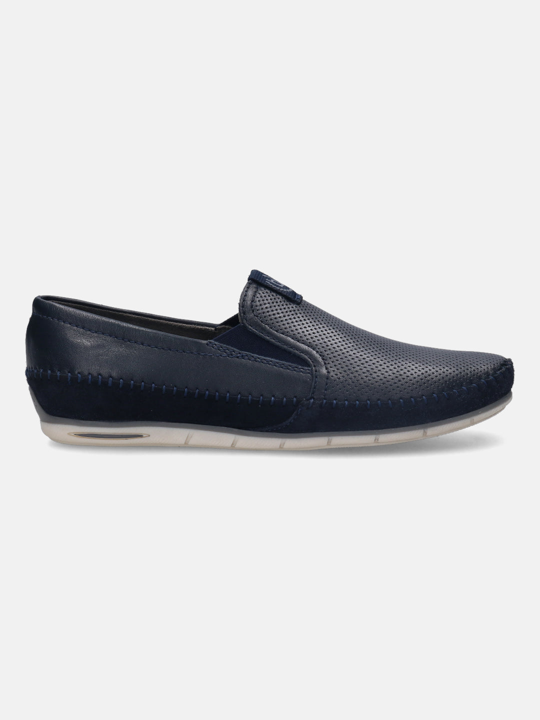 A blue Men's bugatti Casual Loafers featuring a round plain toe, zero heels heel. Made from premium genuine leather with a durable tr outsole, this slip-on design offers both style and comfort.