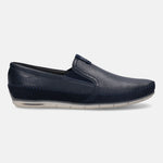 A blue Men's bugatti Casual Loafers featuring a round plain toe, zero heels heel. Made from premium genuine leather with a durable tr outsole, this slip-on design offers both style and comfort.