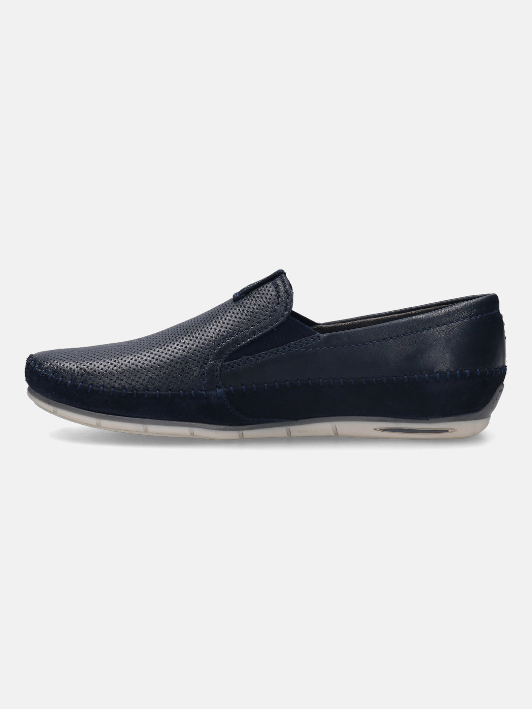 A blue Men's bugatti Casual Loafers featuring a round plain toe, zero heels heel. Made from premium genuine leather with a durable tr outsole, this slip-on design offers both style and comfort.