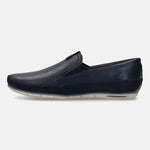 A blue Men's bugatti Casual Loafers featuring a round plain toe, zero heels heel. Made from premium genuine leather with a durable tr outsole, this slip-on design offers both style and comfort.