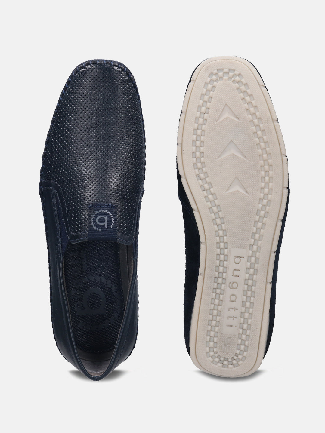 A blue Men's bugatti Casual Loafers featuring a round plain toe, zero heels heel. Made from premium genuine leather with a durable tr outsole, this slip-on design offers both style and comfort.