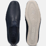 A blue Men's bugatti Casual Loafers featuring a round plain toe, zero heels heel. Made from premium genuine leather with a durable tr outsole, this slip-on design offers both style and comfort.