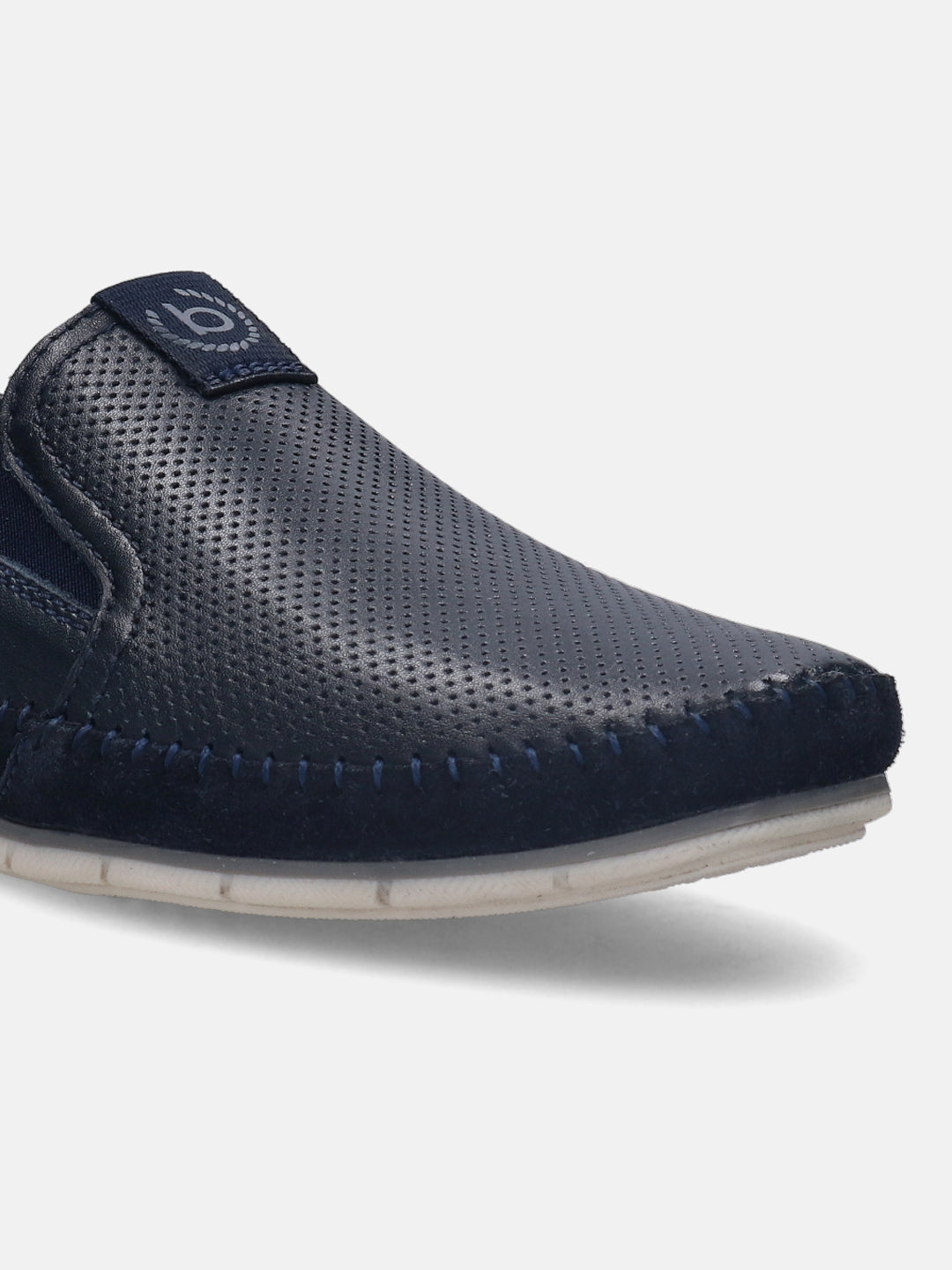 A blue Men's bugatti Casual Loafers featuring a round plain toe, zero heels heel. Made from premium genuine leather with a durable tr outsole, this slip-on design offers both style and comfort.