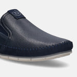 A blue Men's bugatti Casual Loafers featuring a round plain toe, zero heels heel. Made from premium genuine leather with a durable tr outsole, this slip-on design offers both style and comfort.