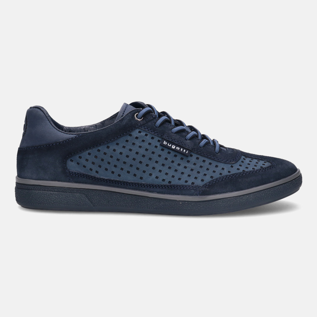A blue Men's bugatti  Sneakers featuring a round toe plain toe, zero heels heel, and a wide fit. Made from suede leather with a durable tpr outsole, this laces design offers both style and comfort.