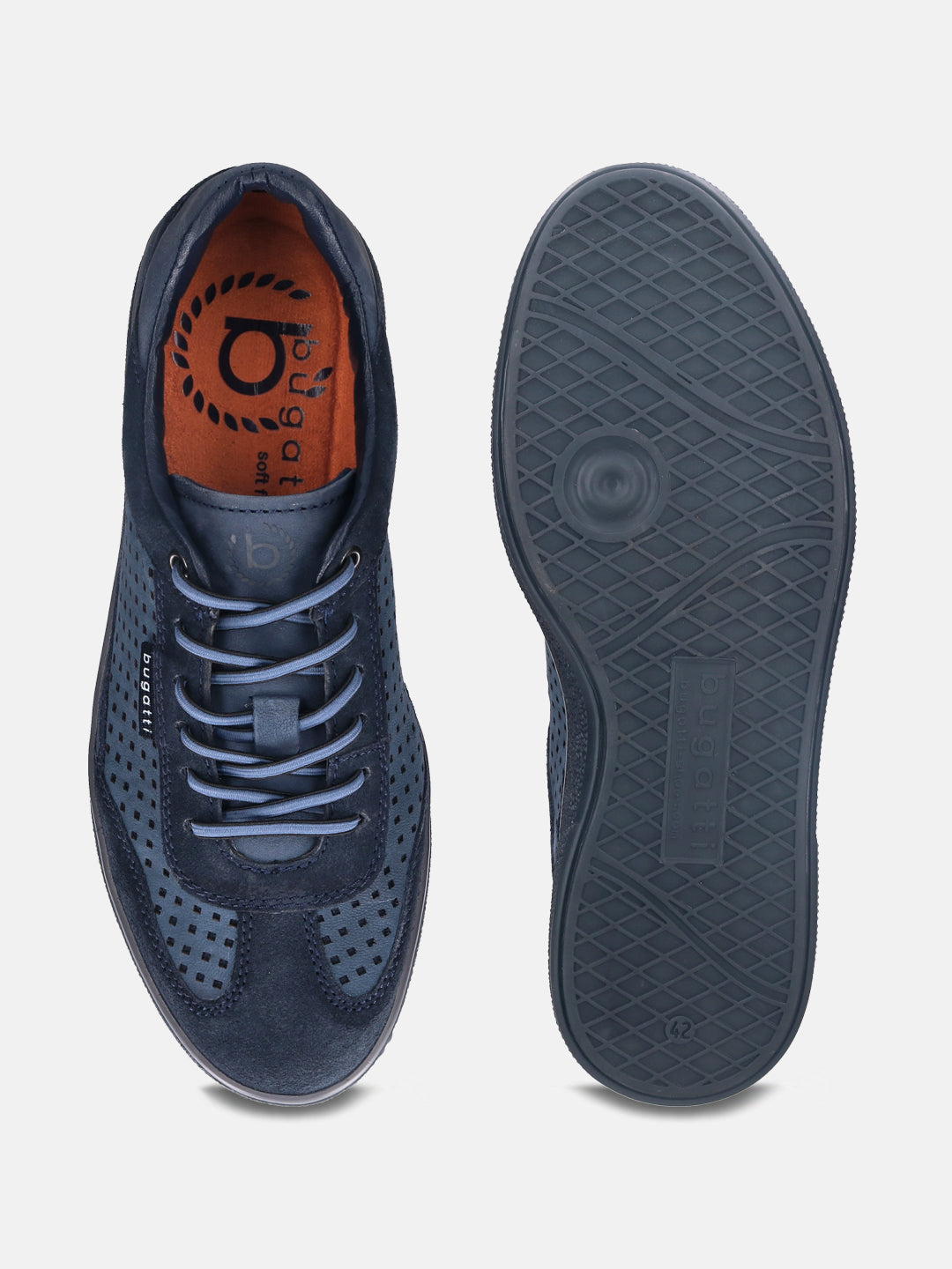 A blue Men's bugatti  Sneakers featuring a round toe plain toe, zero heels heel, and a wide fit. Made from suede leather with a durable tpr outsole, this laces design offers both style and comfort.