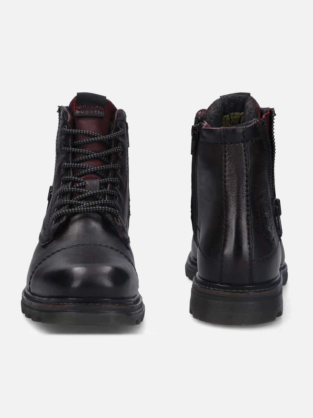 A grey Men's bugatti  Ankle Boots featuring a round toe toe cap, stacked heel, and a wide fit. Made from premium genuine leather with a durable tr outsole, this laces design offers both style and comfort.