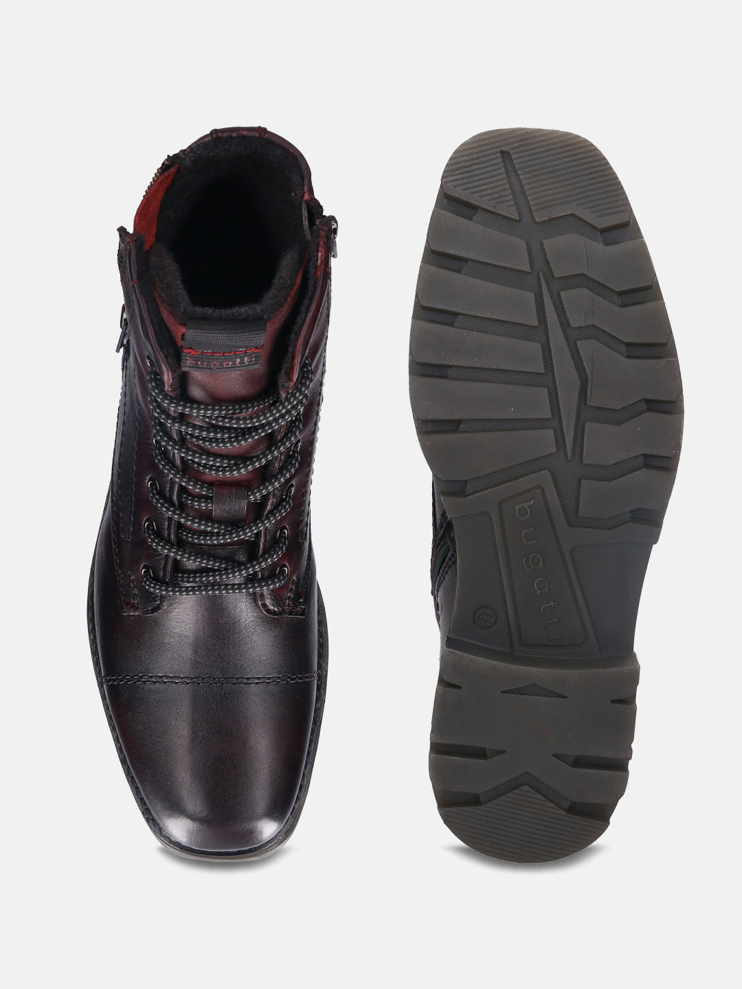 A grey Men's bugatti  Ankle Boots featuring a round toe toe cap, stacked heel, and a wide fit. Made from premium genuine leather with a durable tr outsole, this laces design offers both style and comfort.