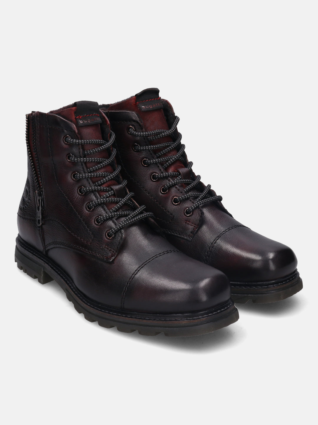 A grey Men's bugatti  Ankle Boots featuring a round toe toe cap, stacked heel, and a wide fit. Made from premium genuine leather with a durable tr outsole, this laces design offers both style and comfort.