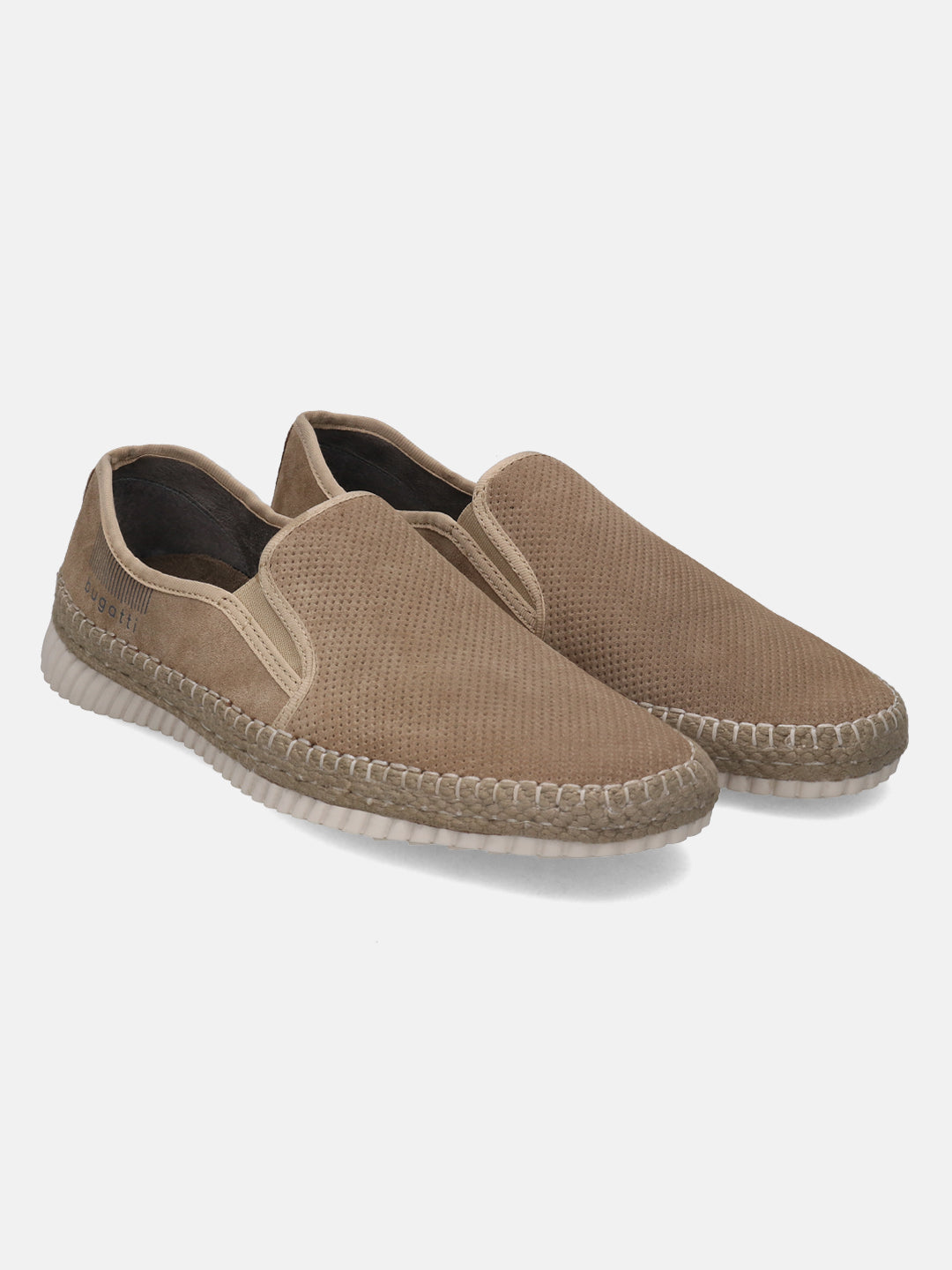 A beige Men's bugatti Casual Loafers featuring a round plain toe, zero heels heel. Made from suede leather with a durable sebs (block copolymer) outsole, this slip-on design offers both style and comfort.
