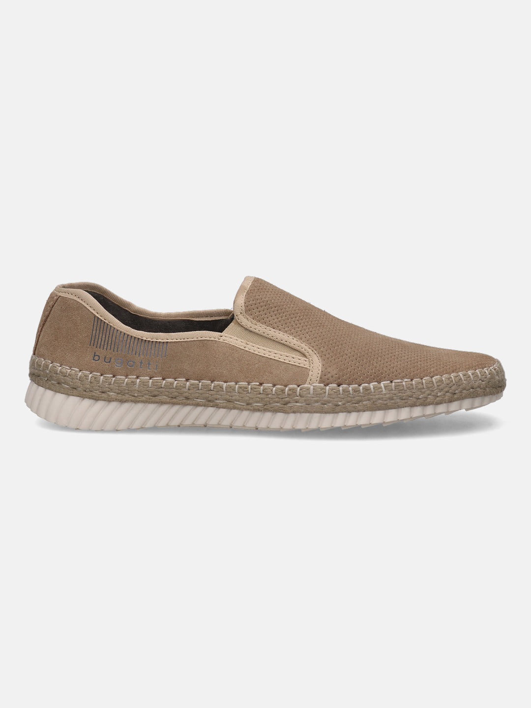 A beige Men's bugatti Casual Loafers featuring a round plain toe, zero heels heel. Made from suede leather with a durable sebs (block copolymer) outsole, this slip-on design offers both style and comfort.