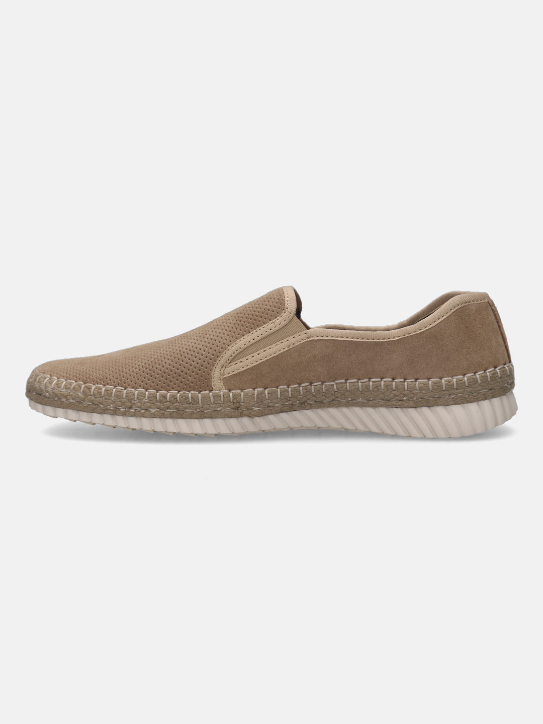 A beige Men's bugatti Casual Loafers featuring a round plain toe, zero heels heel. Made from suede leather with a durable sebs (block copolymer) outsole, this slip-on design offers both style and comfort.