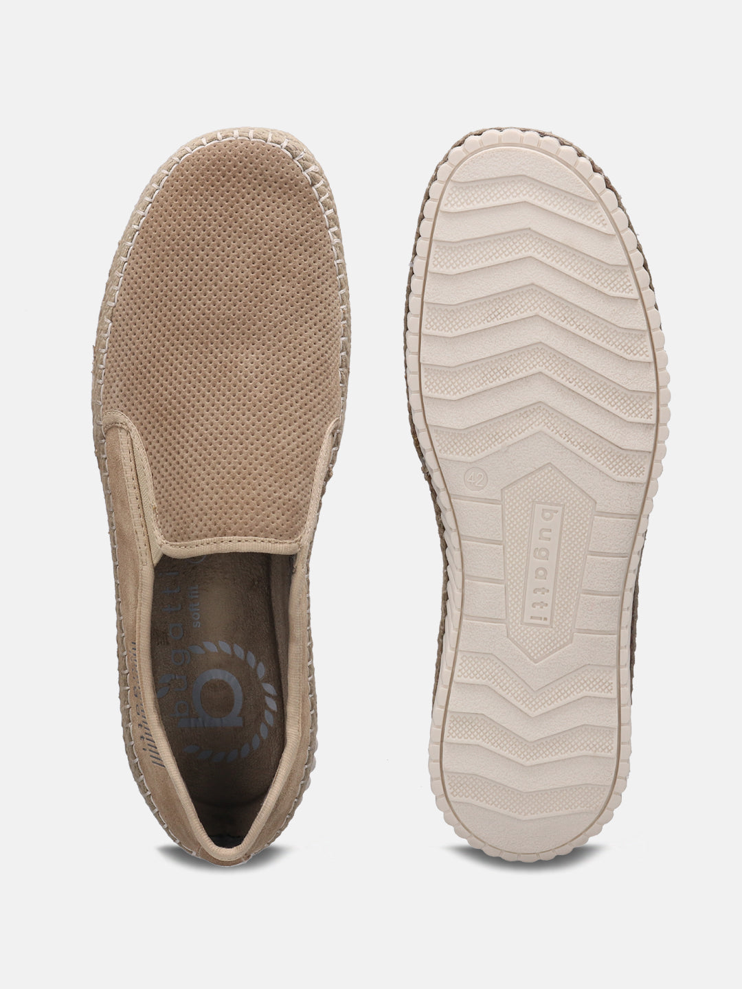 A beige Men's bugatti Casual Loafers featuring a round plain toe, zero heels heel. Made from suede leather with a durable sebs (block copolymer) outsole, this slip-on design offers both style and comfort.