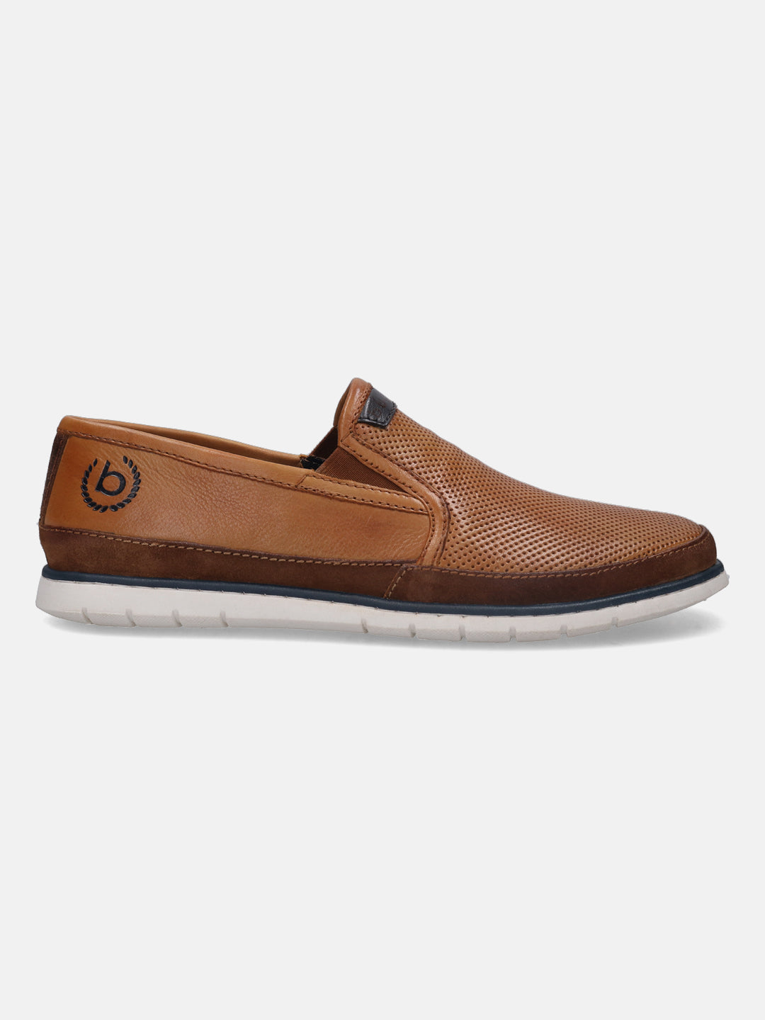A cognac Men's bugatti Casual Loafers featuring a round plain toe, zero heels heel. Made from premium genuine leather with a durable tr outsole, this slip-on design offers both style and comfort.