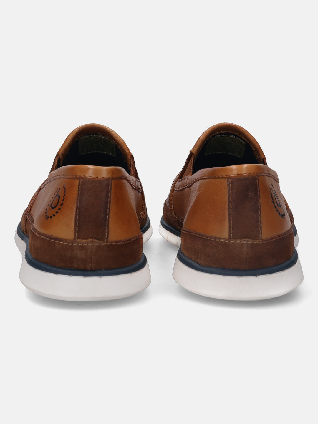 A cognac Men's bugatti Casual Loafers featuring a round plain toe, zero heels heel. Made from premium genuine leather with a durable tr outsole, this slip-on design offers both style and comfort.