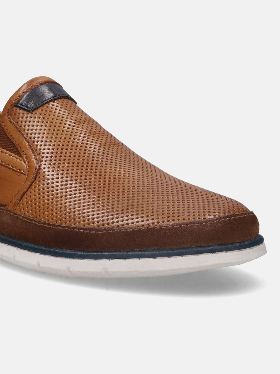 A cognac Men's bugatti Casual Loafers featuring a round plain toe, zero heels heel. Made from premium genuine leather with a durable tr outsole, this slip-on design offers both style and comfort.
