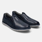A blue Men's bugatti Casual Loafers featuring a round plain toe, zero heels heel. Made from premium genuine leather with a durable tr outsole, this slip-on design offers both style and comfort.