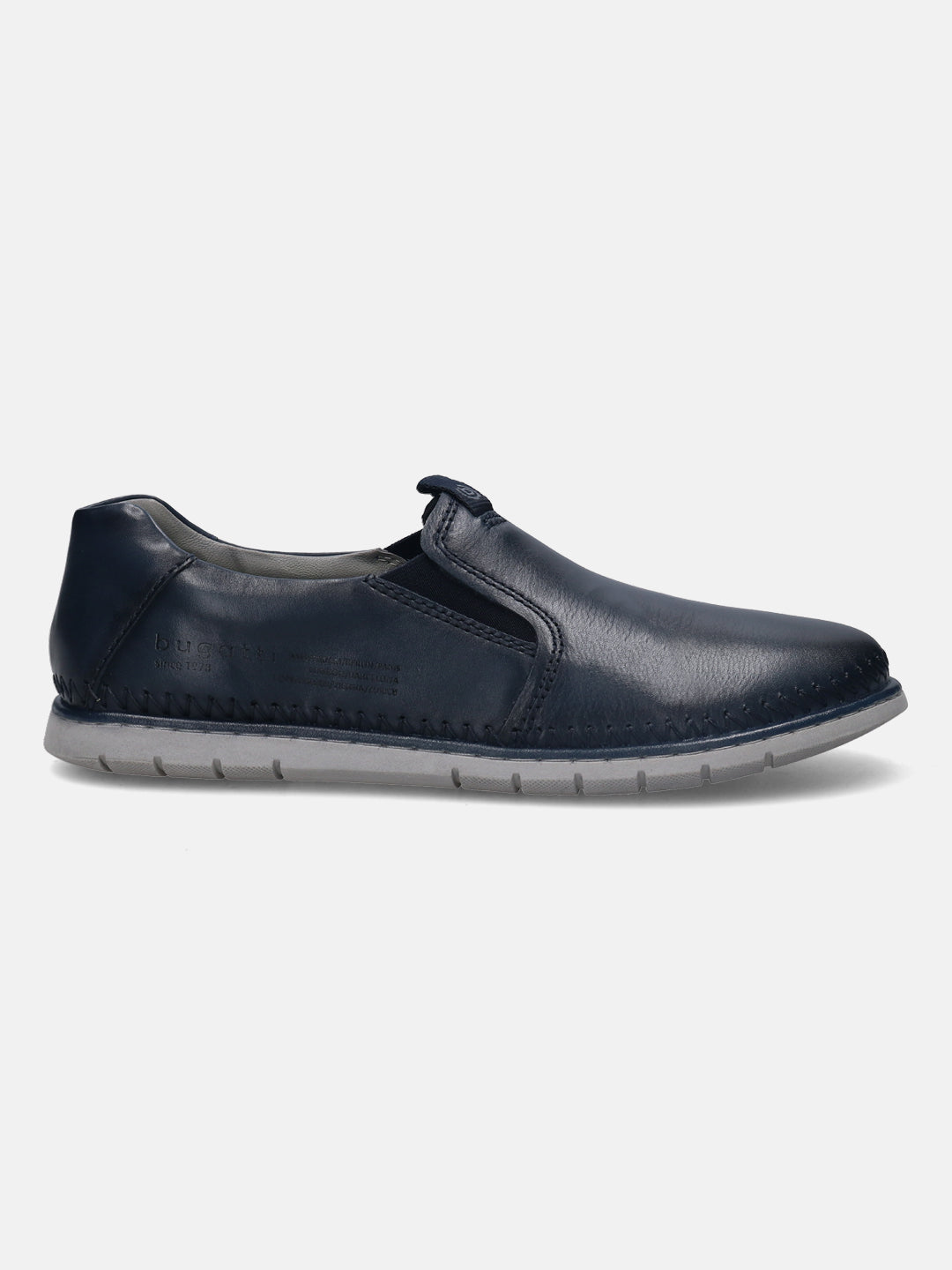 A blue Men's bugatti Casual Loafers featuring a round plain toe, zero heels heel. Made from premium genuine leather with a durable tr outsole, this slip-on design offers both style and comfort.
