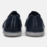 A blue Men's bugatti Casual Loafers featuring a round plain toe, zero heels heel. Made from premium genuine leather with a durable tr outsole, this slip-on design offers both style and comfort.
