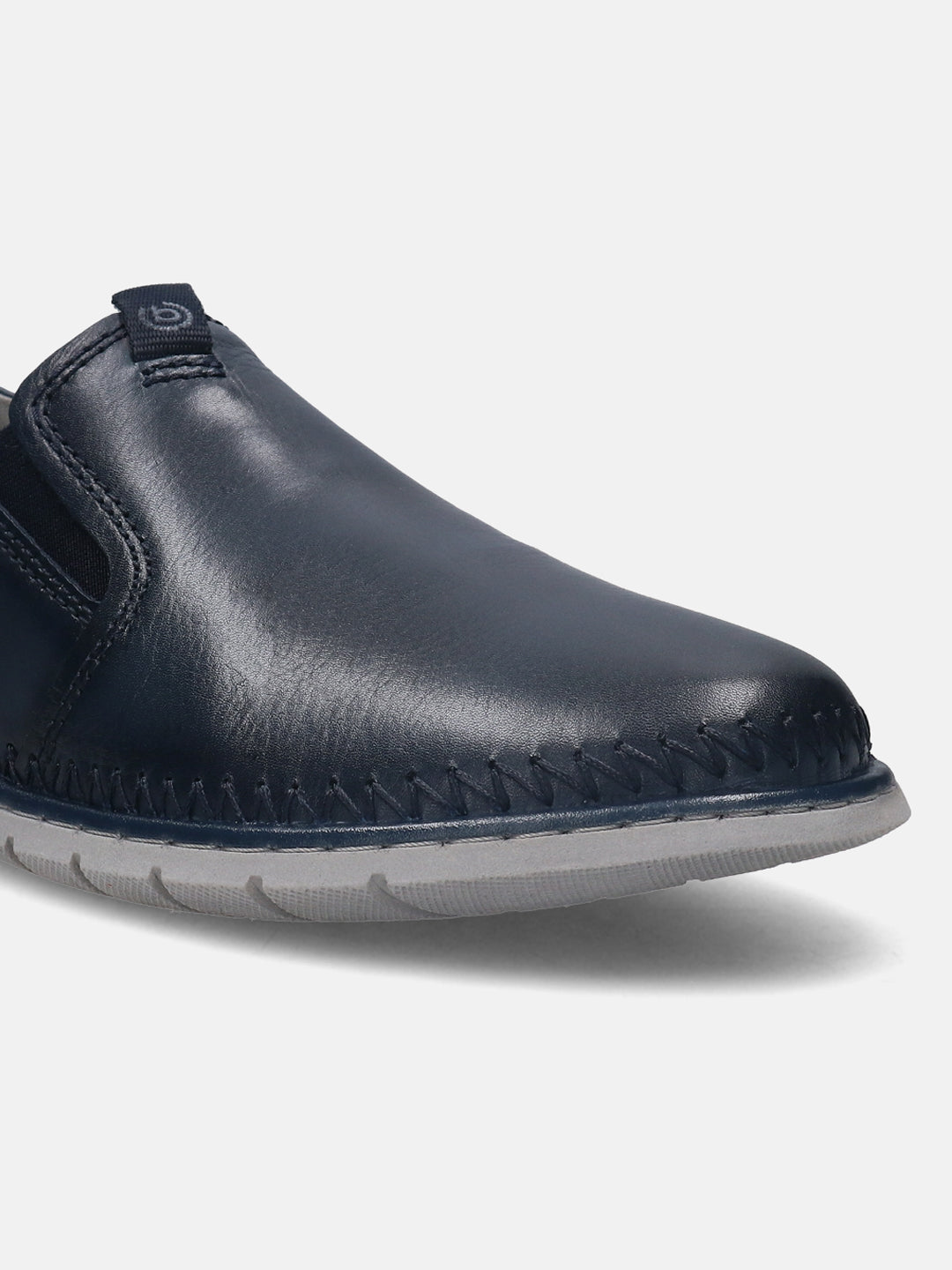 A blue Men's bugatti Casual Loafers featuring a round plain toe, zero heels heel. Made from premium genuine leather with a durable tr outsole, this slip-on design offers both style and comfort.