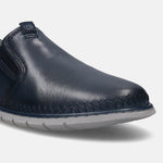 A blue Men's bugatti Casual Loafers featuring a round plain toe, zero heels heel. Made from premium genuine leather with a durable tr outsole, this slip-on design offers both style and comfort.