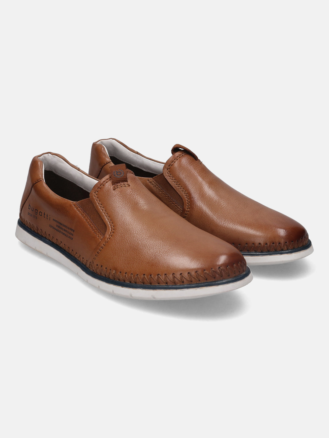 A cognac Men's bugatti Casual Loafers featuring a round plain toe, zero heels heel. Made from premium genuine leather with a durable tr outsole, this slip-on design offers both style and comfort.