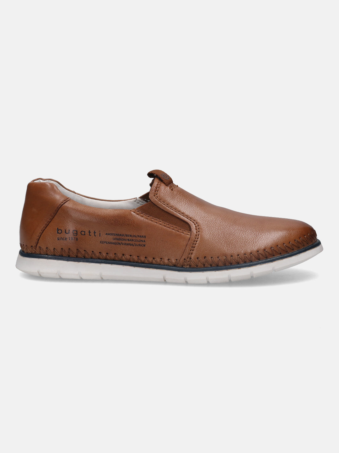 A cognac Men's bugatti Casual Loafers featuring a round plain toe, zero heels heel. Made from premium genuine leather with a durable tr outsole, this slip-on design offers both style and comfort.