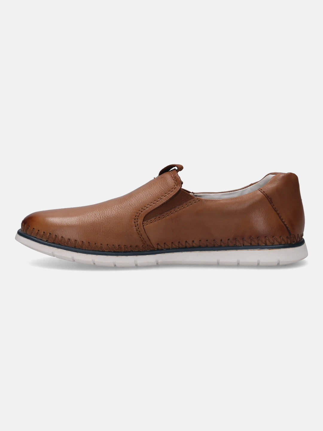 A cognac Men's bugatti Casual Loafers featuring a round plain toe, zero heels heel. Made from premium genuine leather with a durable tr outsole, this slip-on design offers both style and comfort.