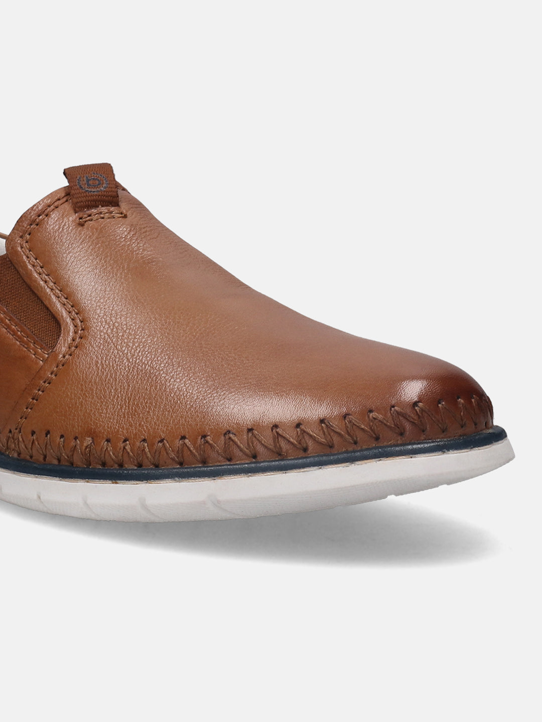 A cognac Men's bugatti Casual Loafers featuring a round plain toe, zero heels heel. Made from premium genuine leather with a durable tr outsole, this slip-on design offers both style and comfort.