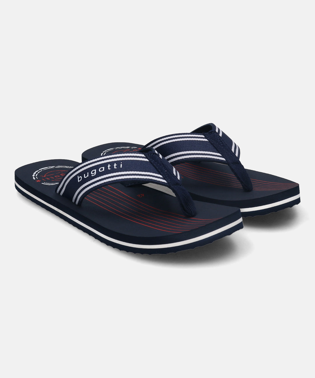 A blue Men's bugatti Thongs featuring a round plain toe, zero heels heel, and a wide fit. Made from synthetic with a durable eva outsole, this slide design offers both style and comfort.