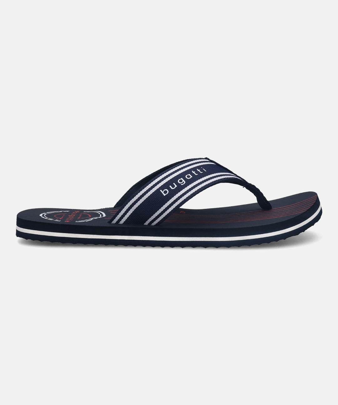 A blue Men's bugatti Thongs featuring a round plain toe, zero heels heel, and a wide fit. Made from synthetic with a durable eva outsole, this slide design offers both style and comfort.