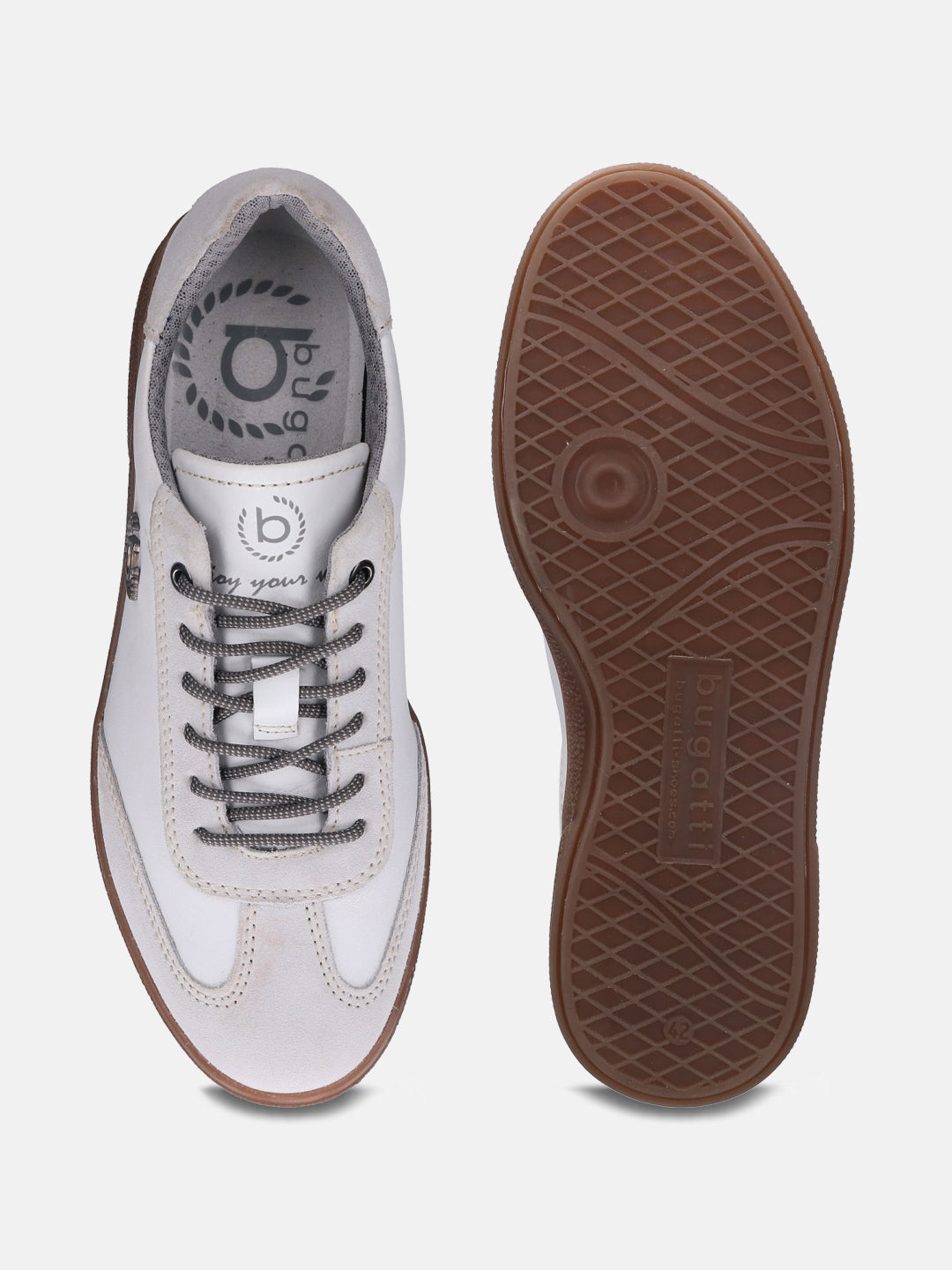 A white Men's bugatti  Sneakers featuring a round toe plain toe, zero heels heel, and a wide fit. Made from suede leather with a durable tpr outsole, this laces design offers both style and comfort.