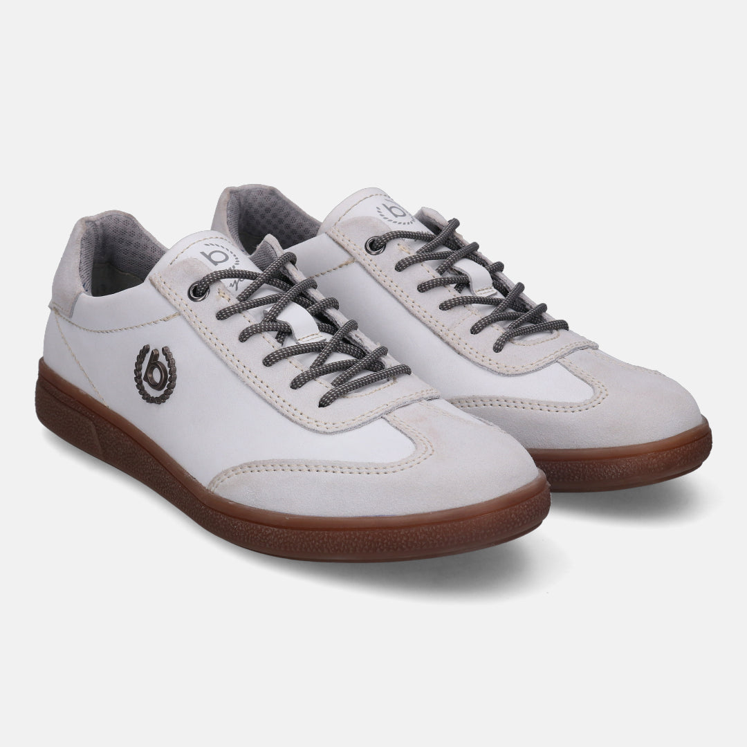 A white Men's bugatti  Sneakers featuring a round toe plain toe, zero heels heel, and a wide fit. Made from suede leather with a durable tpr outsole, this laces design offers both style and comfort.