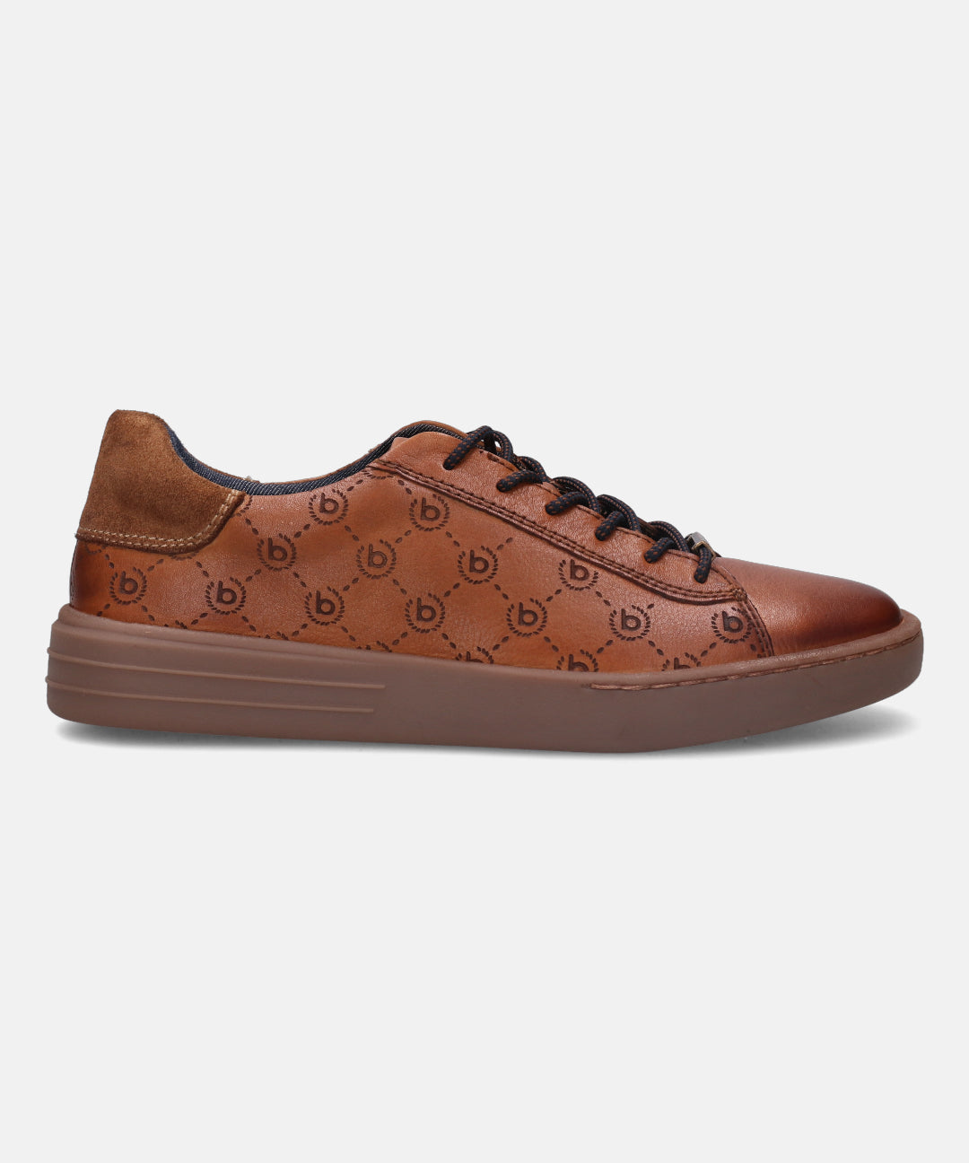 Cognac leather sneakers by bugatti with a repeating logo pattern and brown suede accent at the heel.