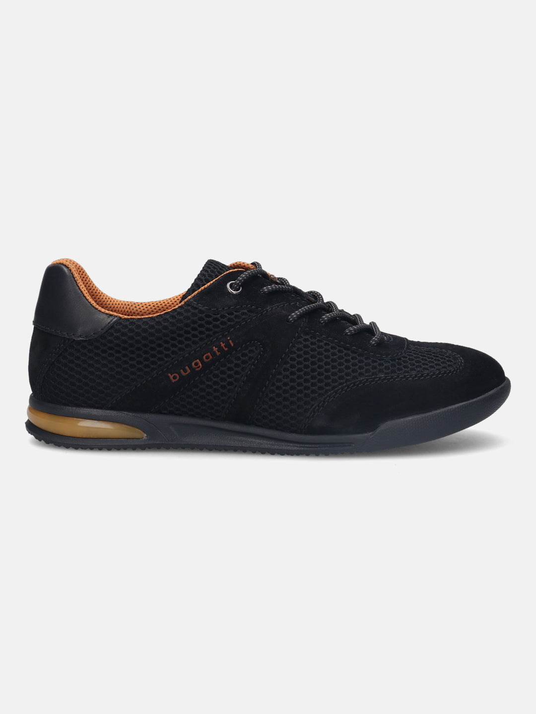 A black Men's bugatti Sneakers featuring a round plain toe, zero heels heel. Made from premium genuine leather with a durable tpr outsole, this laces design offers both style and comfort.