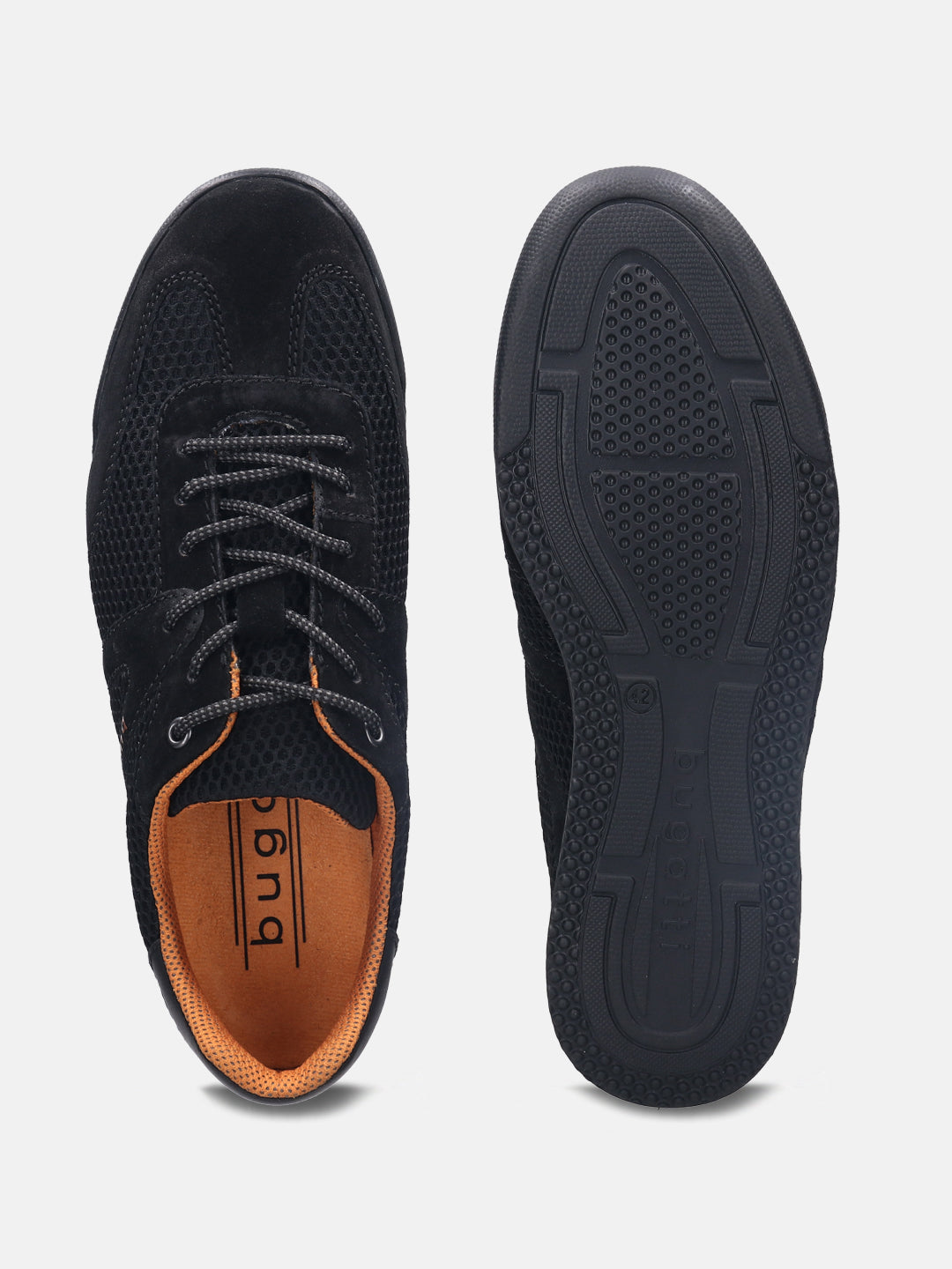 A black Men's bugatti Sneakers featuring a round plain toe, zero heels heel. Made from premium genuine leather with a durable tpr outsole, this laces design offers both style and comfort.
