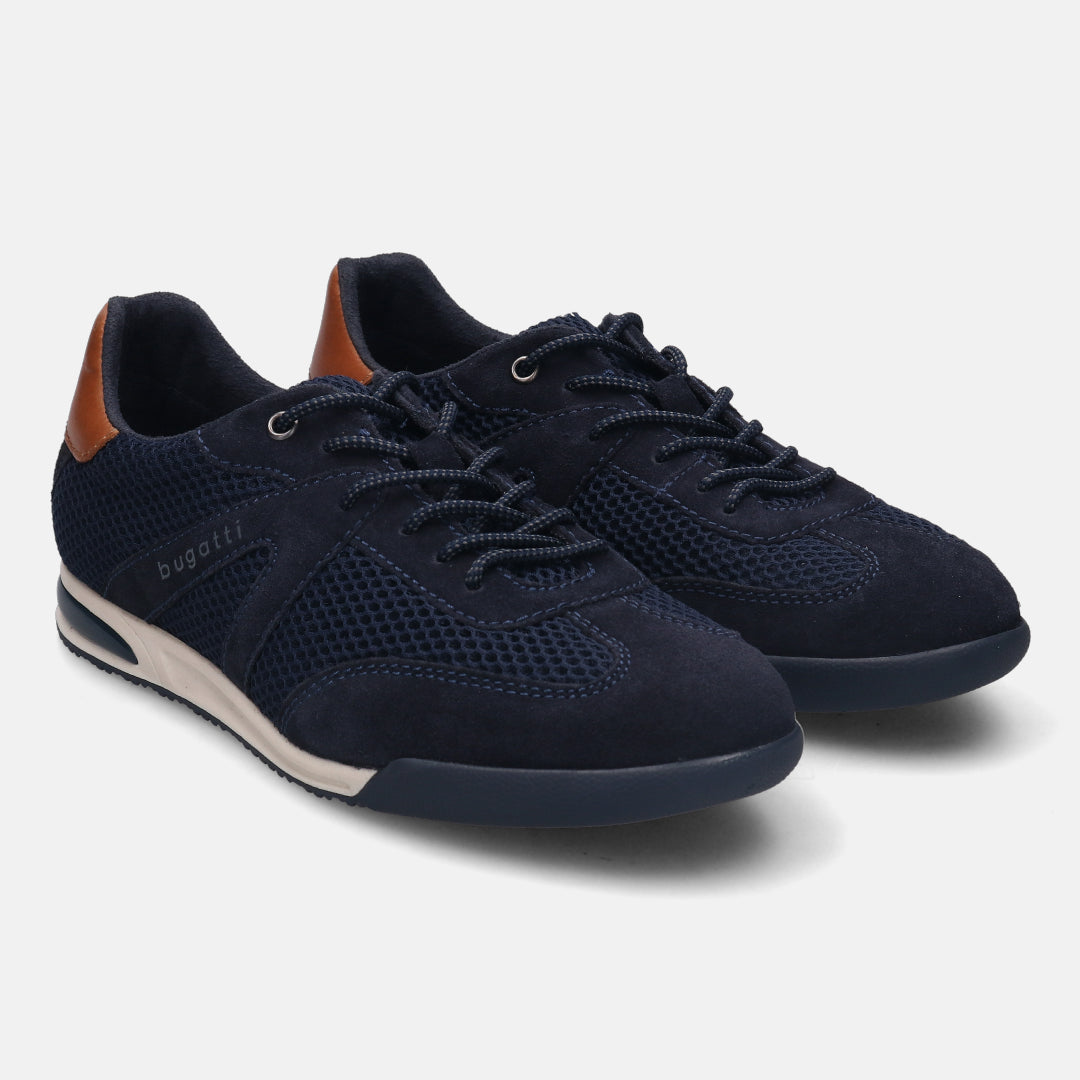 A blue Men's bugatti Sneakers featuring a round plain toe, zero heels heel. Made from premium genuine leather with a durable tpr outsole, this laces design offers both style and comfort.