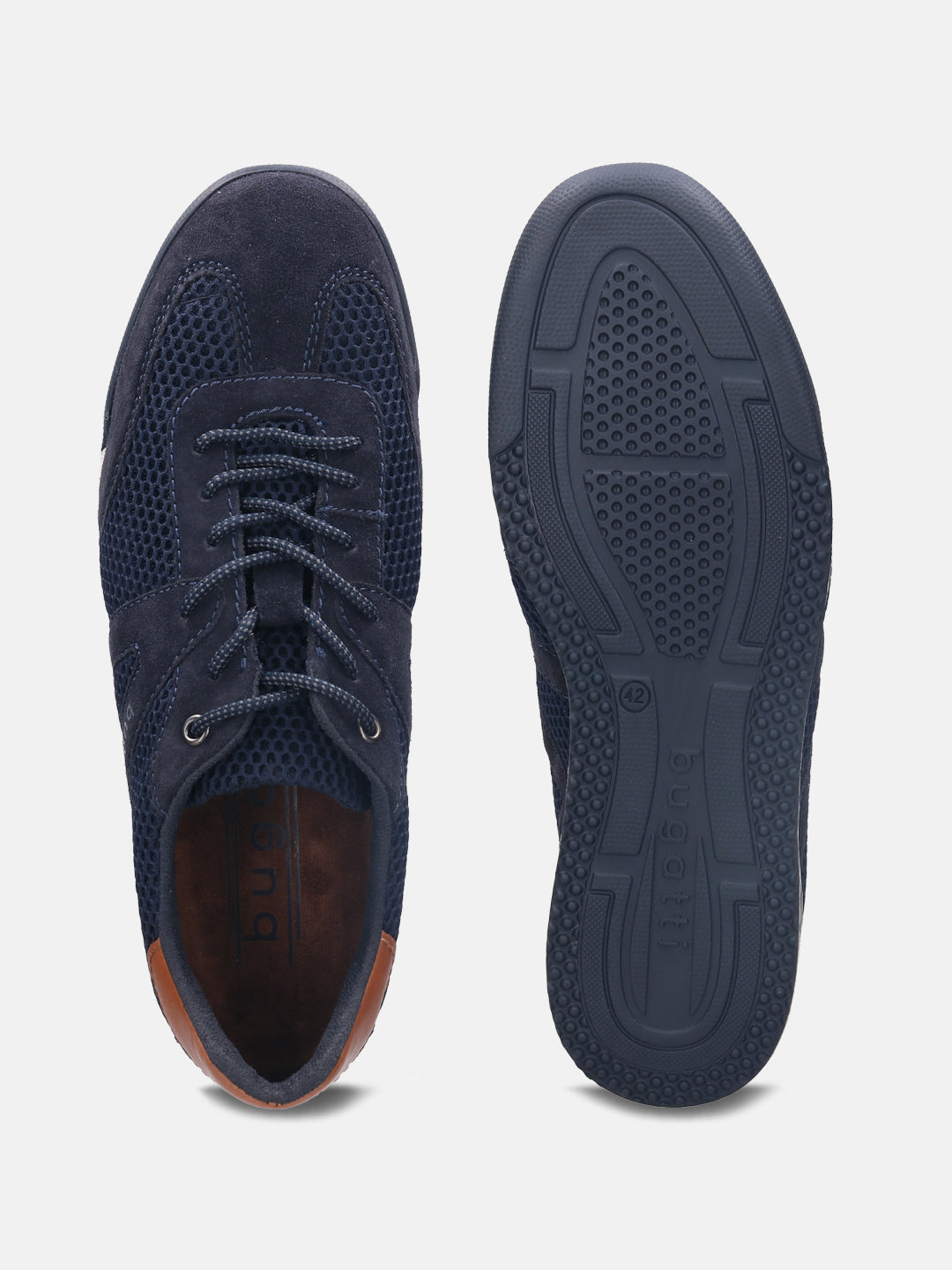 A blue Men's bugatti Sneakers featuring a round plain toe, zero heels heel. Made from premium genuine leather with a durable tpr outsole, this laces design offers both style and comfort.