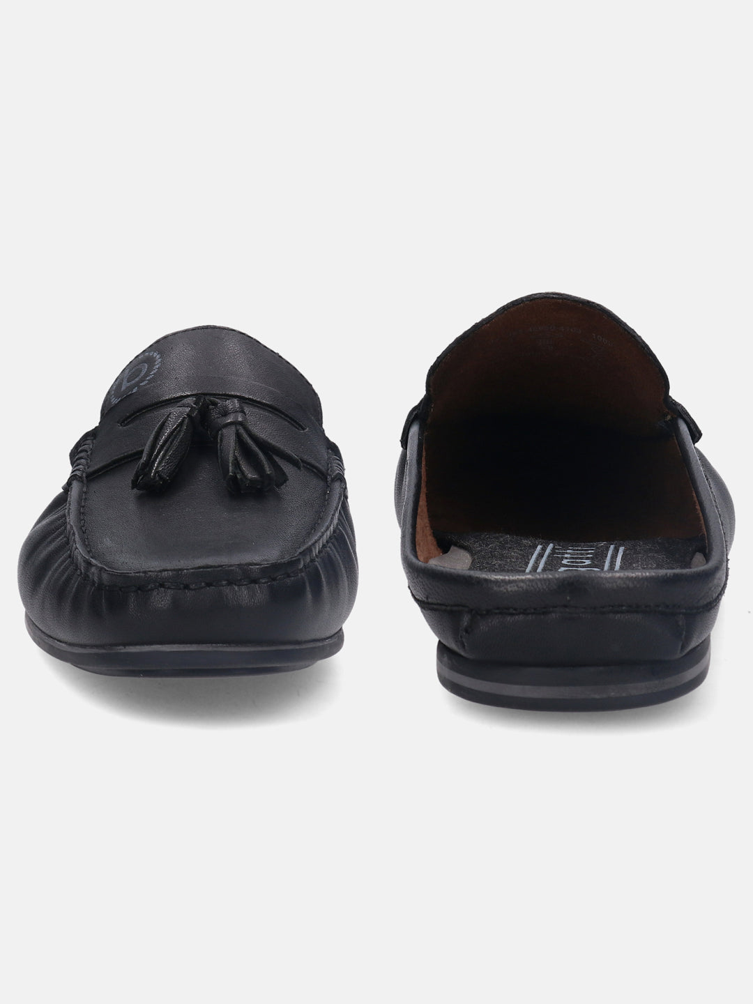 A black Men's bugatti Mules featuring a round plain toe, zero heels heel. Made from premium genuine leather with a durable tpr outsole, this slip-on design offers both style and comfort.
