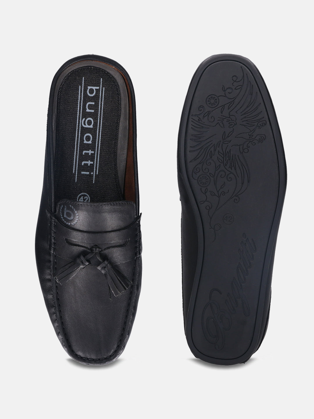 A black Men's bugatti Mules featuring a round plain toe, zero heels heel. Made from premium genuine leather with a durable tpr outsole, this slip-on design offers both style and comfort.