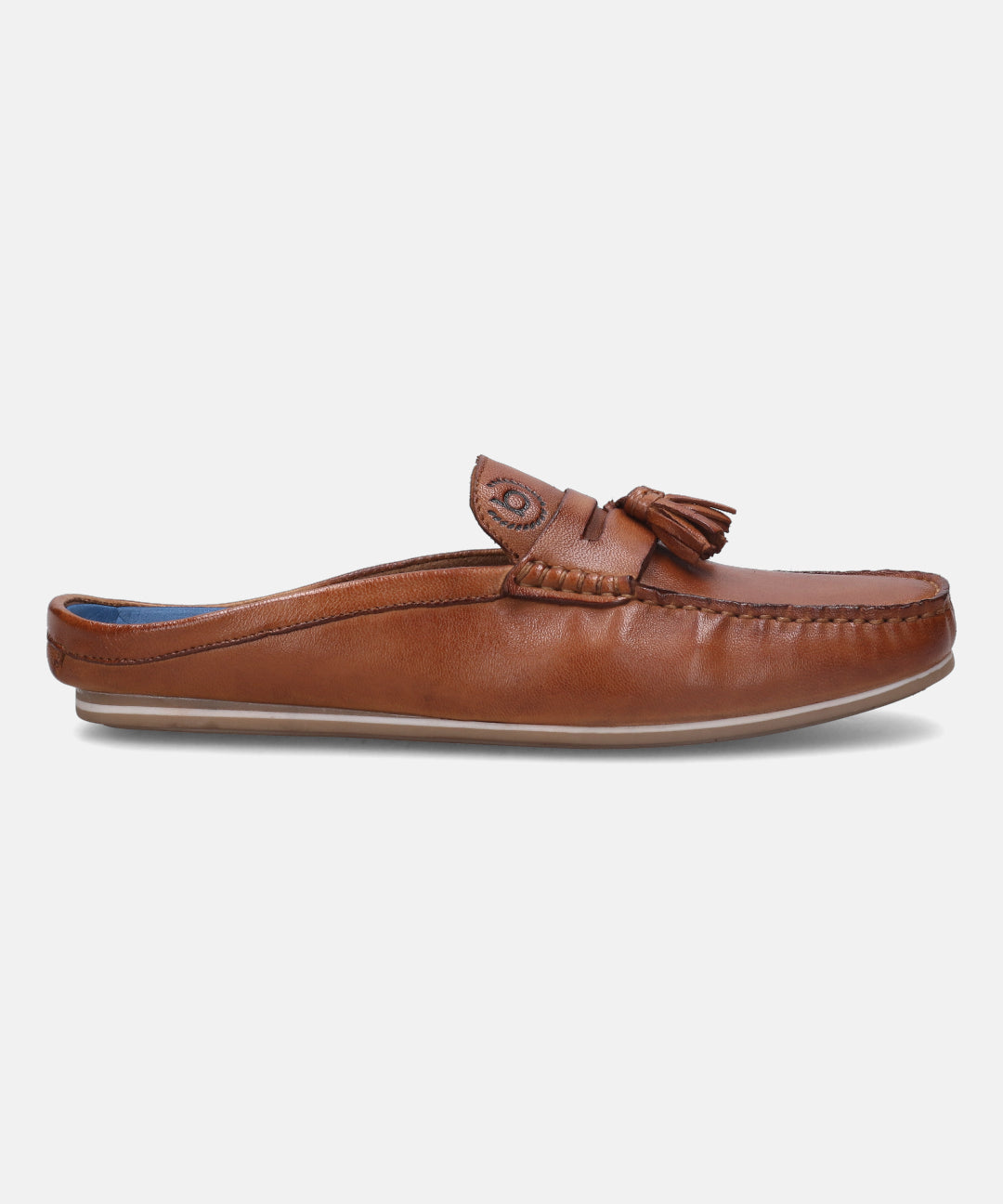 A cognac Men's bugatti  Mules featuring a square toe plain toe, zero heels heel. Made from premium genuine leather with a durable tpr outsole, this slip-on design offers both style and comfort.